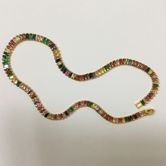 New! Baguette Multi Color Rainbow Gemstone Goldtone Choker Necklace - Picture 5 of 7